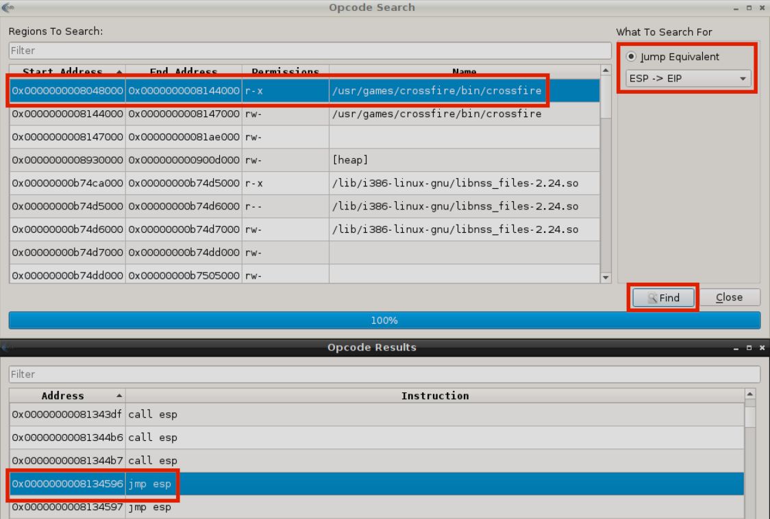 search for a JMP ESP assembly instruction or equivalent in the memory region